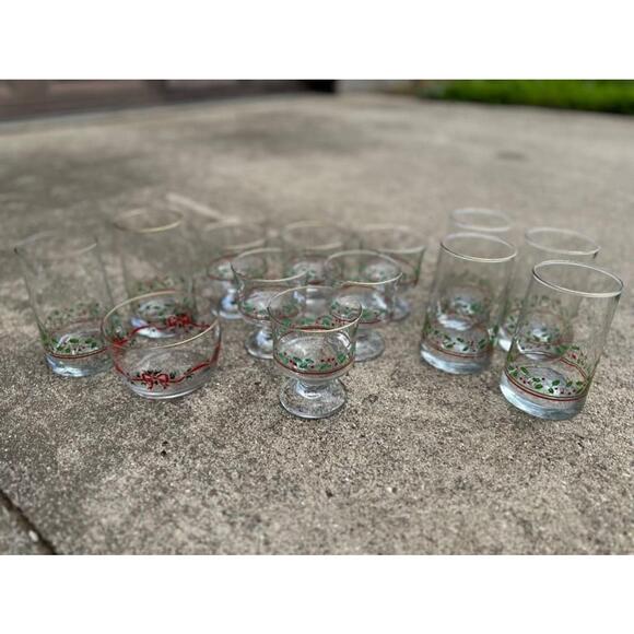 Libbey Clear Glassware Set with Red and Green Holly Design - Picture 1 of 5